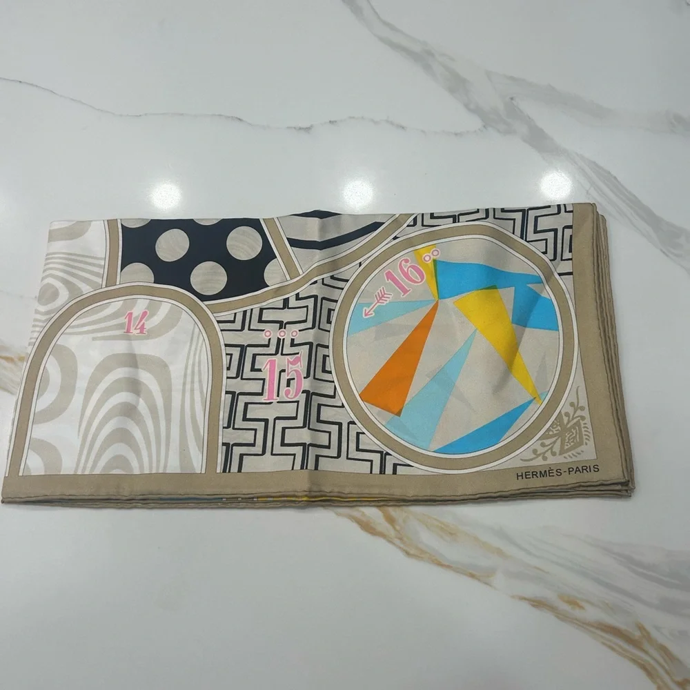 Hermes Multicolor Geometric Silk Scarf with Blue and Yellow Accents - Picture 2 of 3